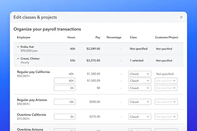 Payroll transactions screen in Intuit Enterprise Suite