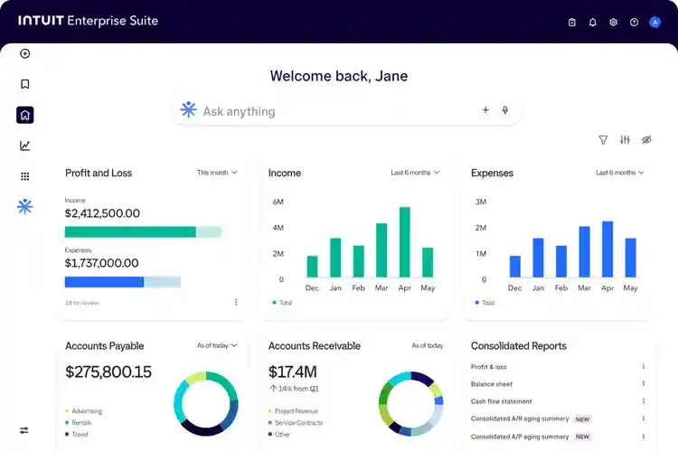 Intuit Enterprise Suite homepage dashboard