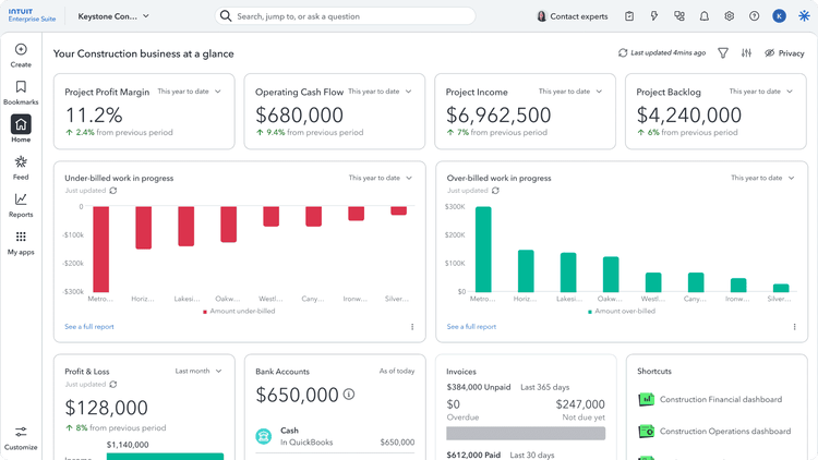 Construction financial dashboard in Intuit Enterprise Suite