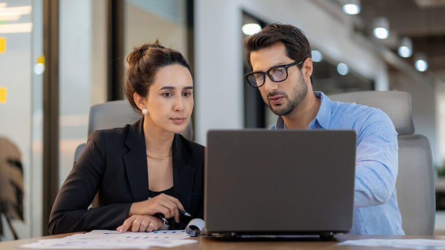 Two business professionals navigate the landscape of flexible software integrations.