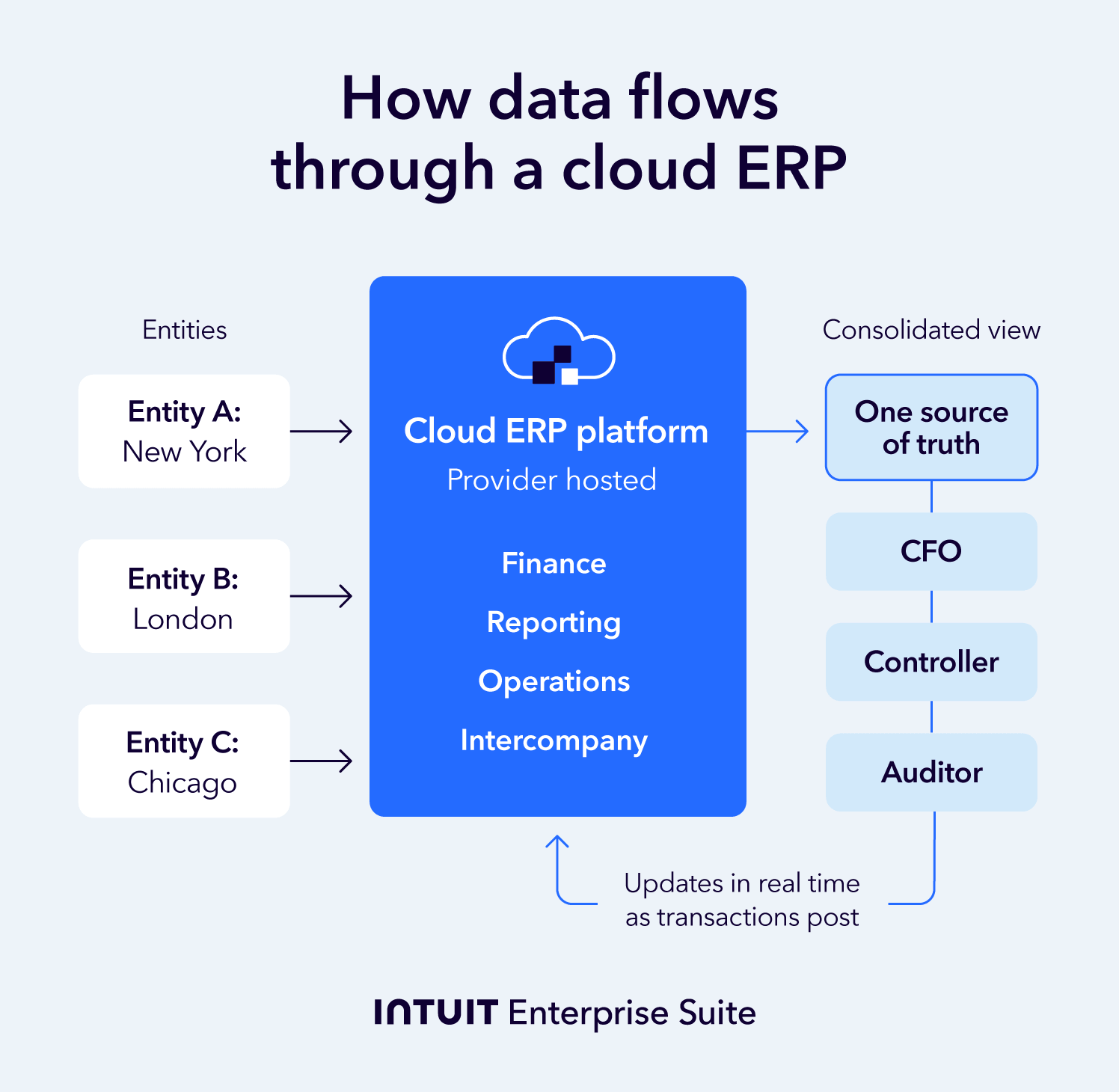 Diagram showing three entities in different cities feeding transaction data into one provider-hosted cloud ERP platform, which unifies finance, reporting, operations, and intercompany.