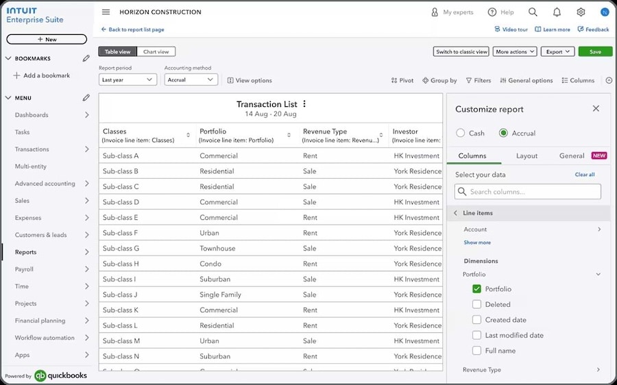 An example of an accrual customized report in Intuit Enterprise Suite.