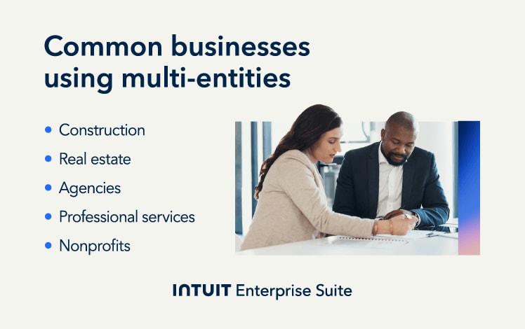 An image showing the common types of enterprises that use multi-entity accounting.
